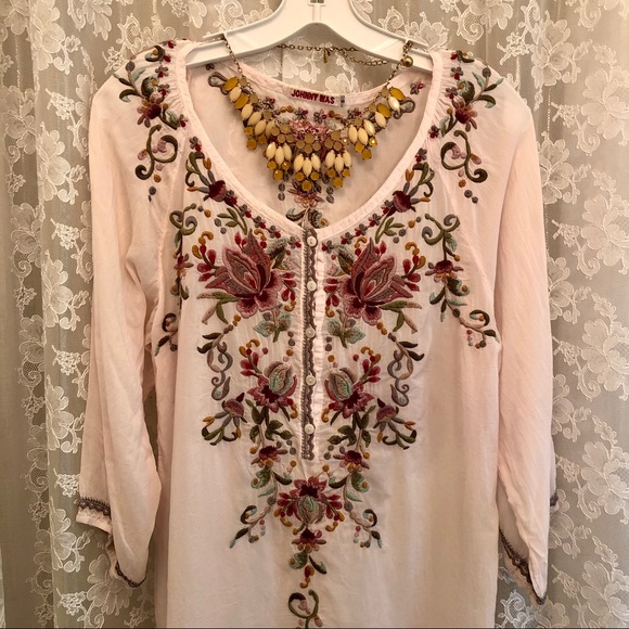 JOHNNY WAS * NWOT Shell Pink Sheer Floral Embroidered Blouse - Picture 6 of 6